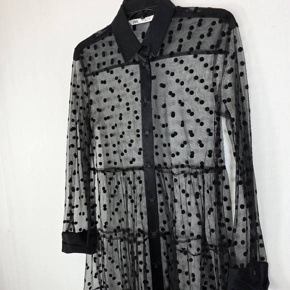 ZARA Black Sheer Polka Dot Tiered Midi Dress - Size S - Picture 2 of 10